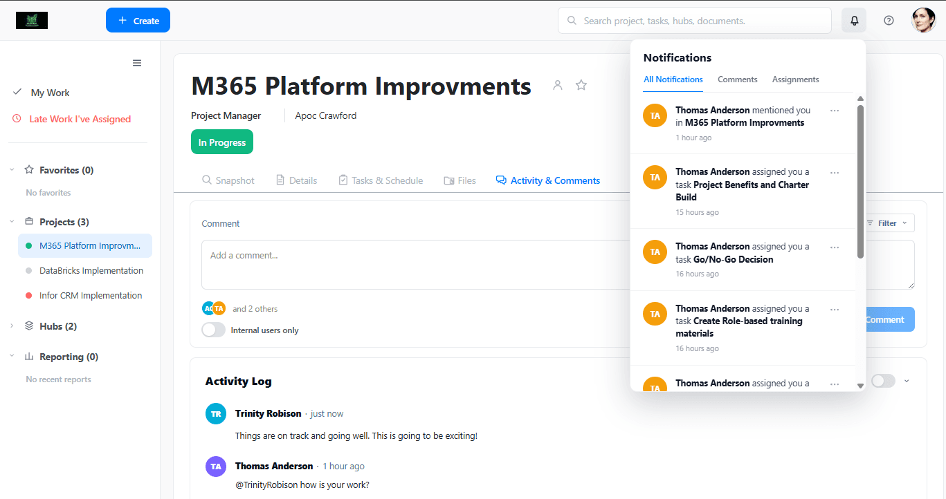Eletusk activity, comments, and notifications alongside project work