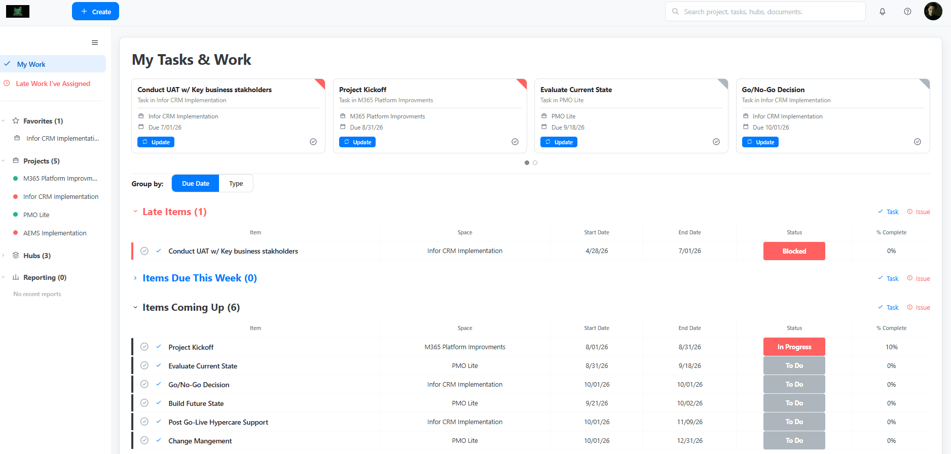 Eletusk My Tasks and Work page surfacing each person's upcoming work