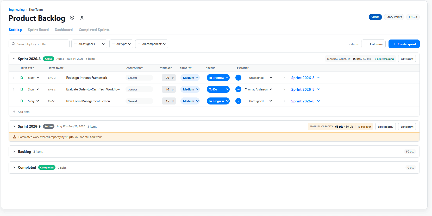 Eletusk Scrum workspace showing work managed in a board-style workflow