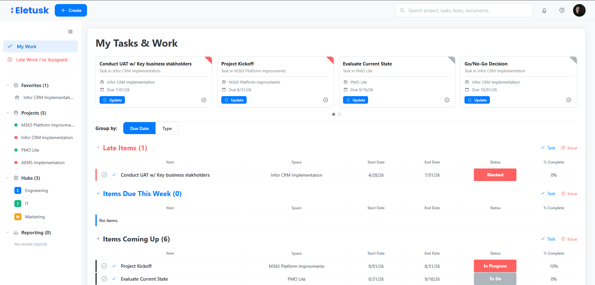 Eletusk My Tasks and Work view bringing current and upcoming work into one place